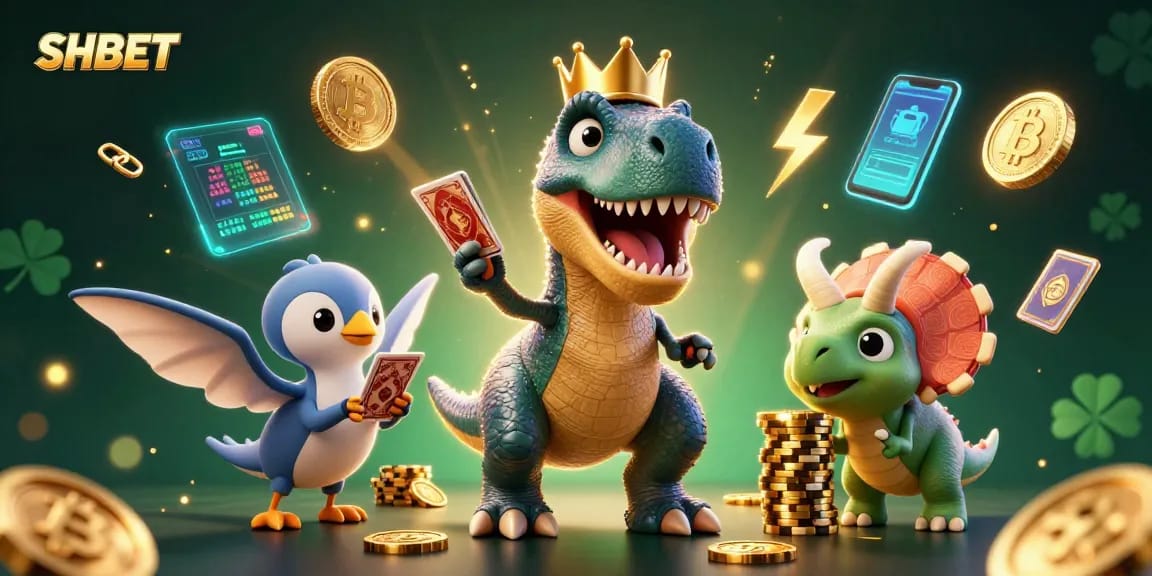 SHBET offers thrilling gambling action featuring a cartoon T-Rex, pterodactyl, and triceratops amidst crypto coins.