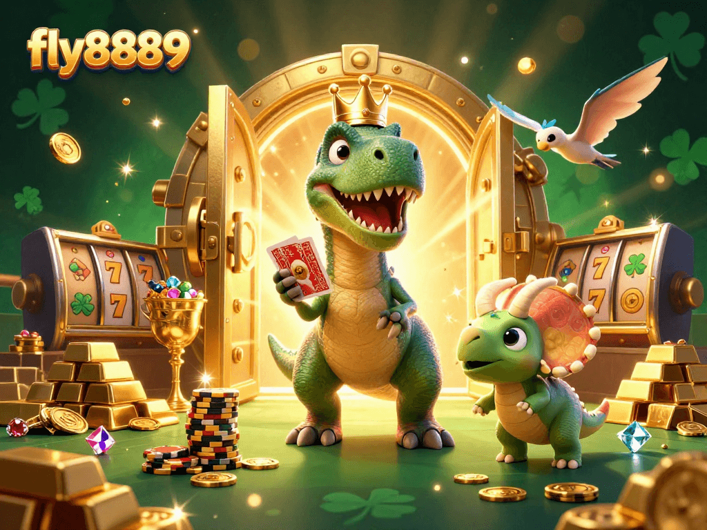 Join the fun at fly8889 as a T-Rex and friends play cards and stack chips in a vibrant casino