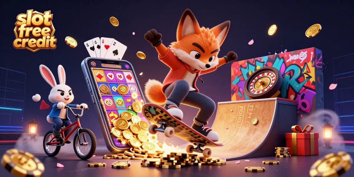 Experience gaming excitement with slot free credit as a fox skater performs tricks over poker chips in a vibrant casino scene.