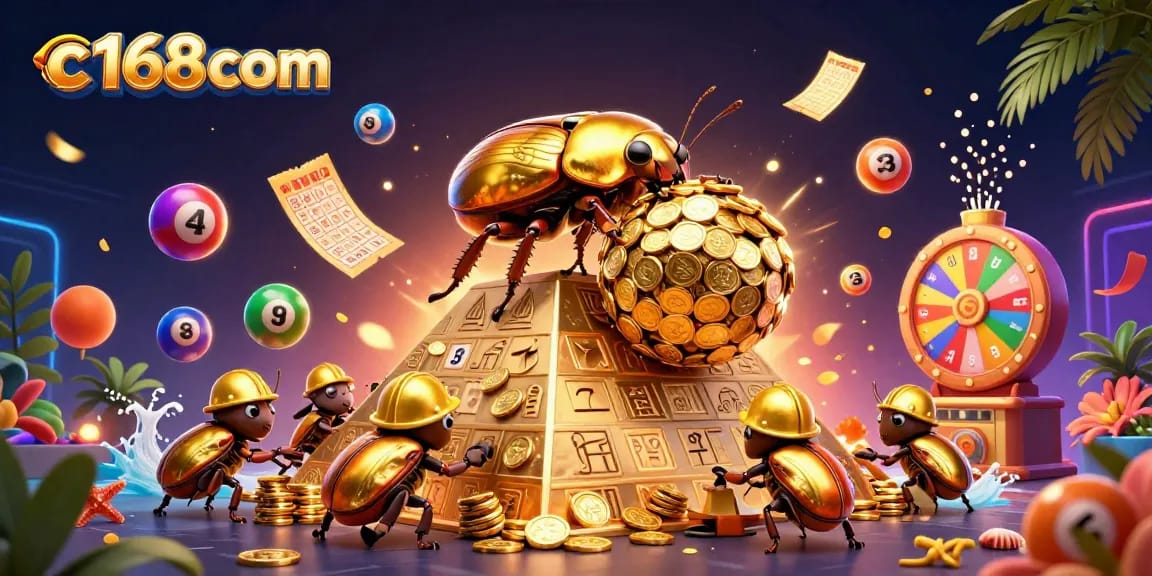Experience c168com with golden coins and vibrant lottery elements in an engaging casino scene.