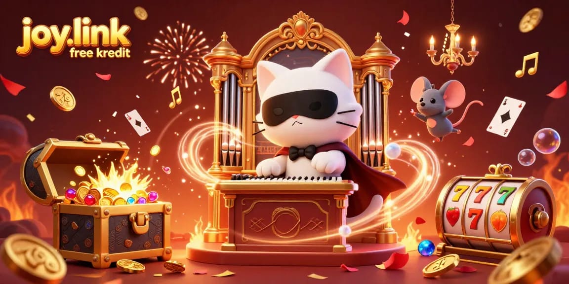 Experience joy.link free kredit with a vibrant casino-themed illustration featuring a cartoon phantom cat and acrobat.