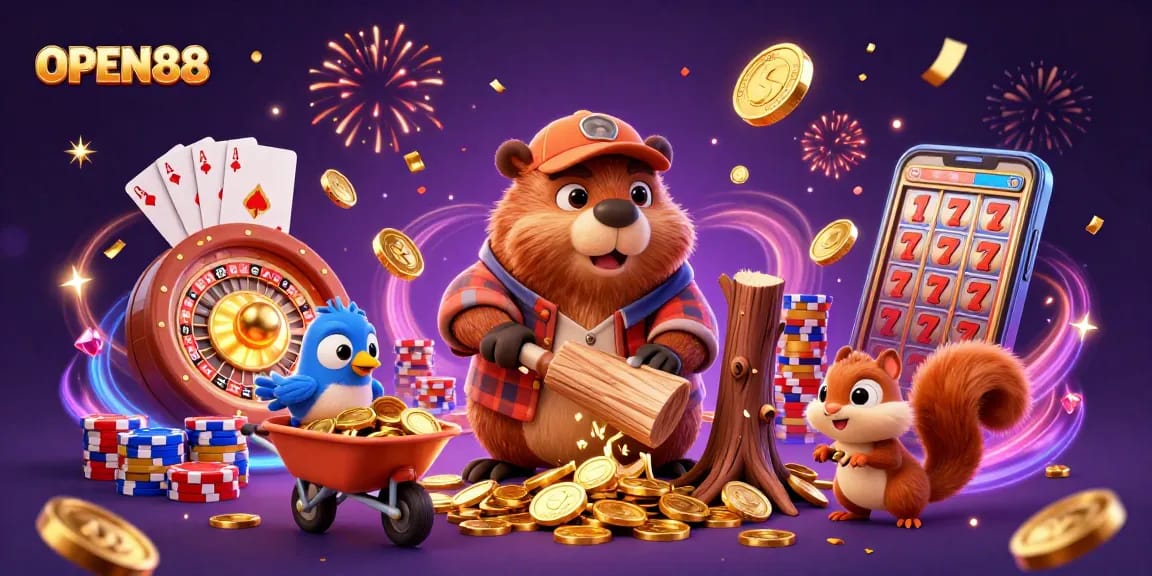 Experience the thrill of OPEN88 with our vibrant 3D casino illustration, showcasing dynamic winning moments.