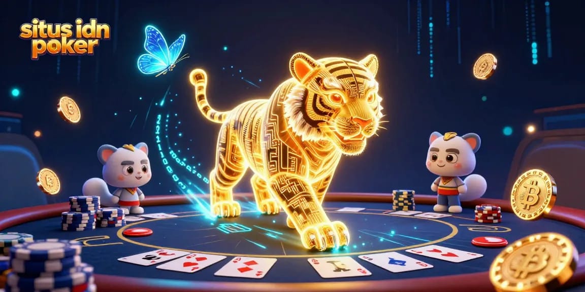 Pemain situs idn poker beraksi di meja poker dengan chip dan kartu, menciptakan suasana mendebarkan.