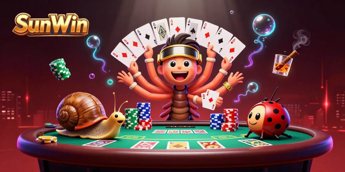 SunWin captures excitement with a delightful millipede dealer and unique high-rollers in a vibrant casino.