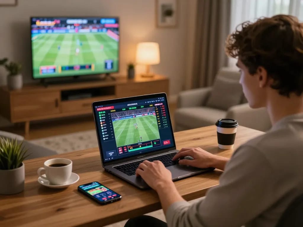 Player enjoying llwin online sports betting with multiple screens displaying live odds and events