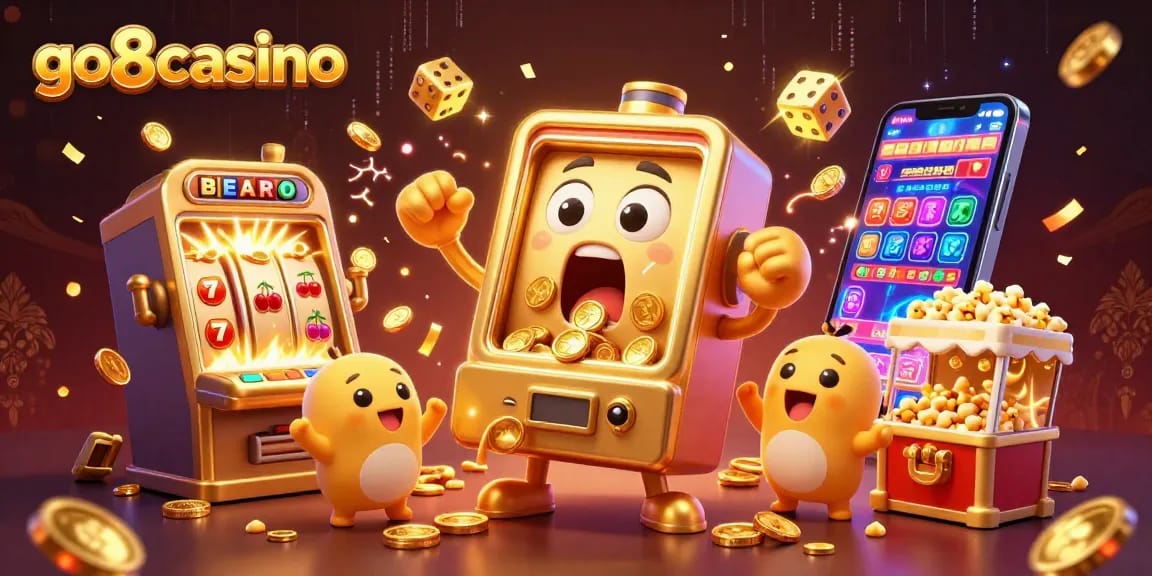 Exciting scene from go8casino with a golden slot machine hitting a jackpot amidst coins and lights.