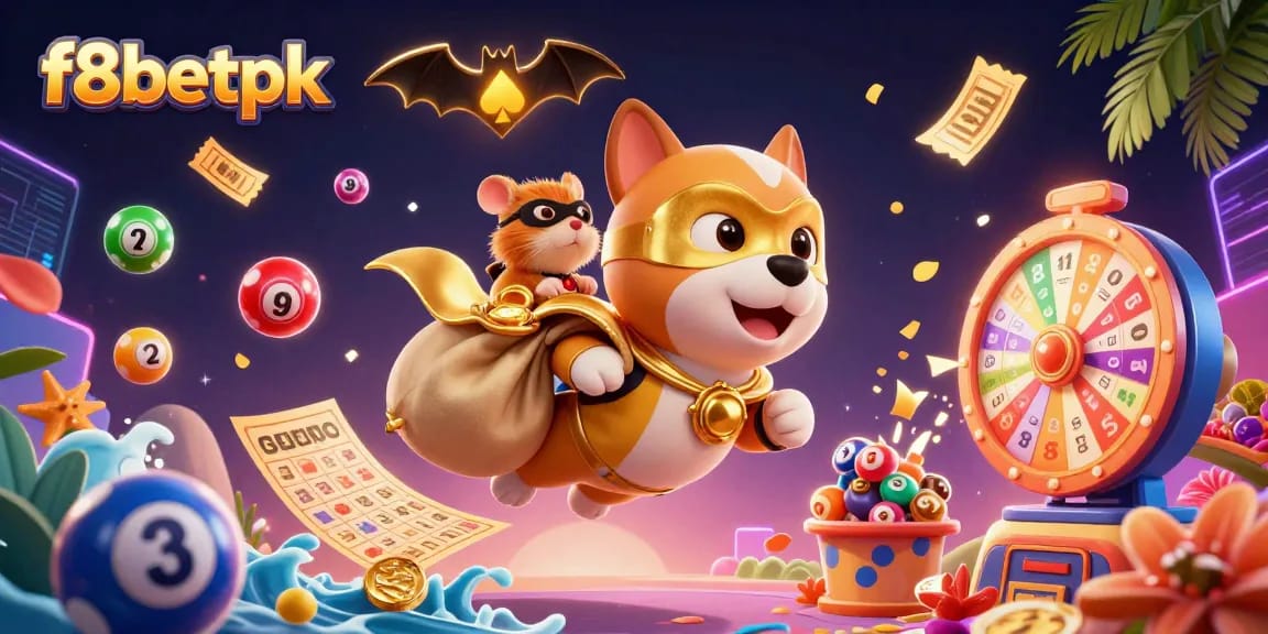 Join the fun at f8betpk with a vibrant dog and hamster soaring through a casino world