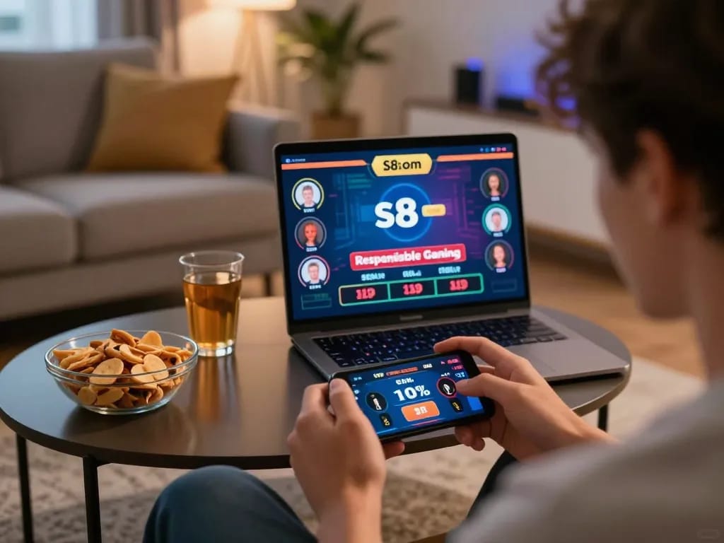 Engaged player using smartphone for online betting at S8 com, enjoying a casual gaming atmosphere.