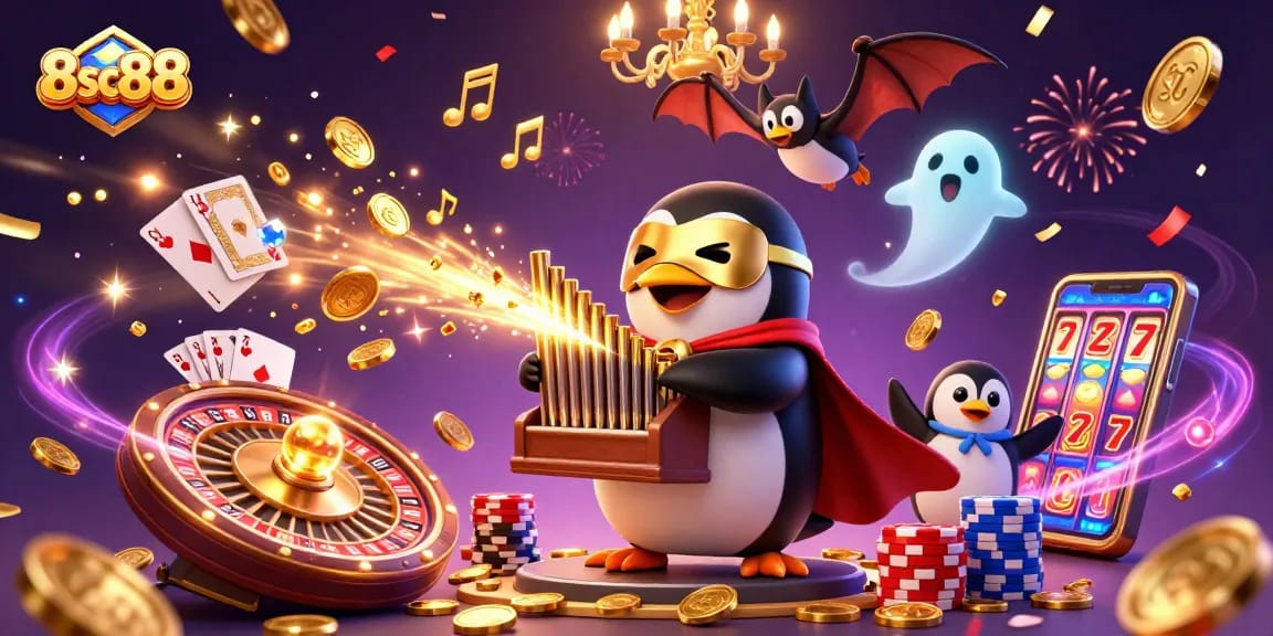 Experience the excitement of 8sc88 with a 3D cartoon penguin and casino elements.