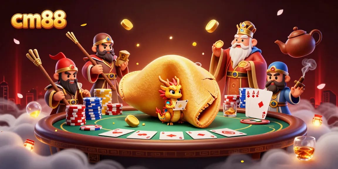 Engage with cm88's vibrant casino scene featuring a fortune cookie and a wise dragon alongside poker excitement.