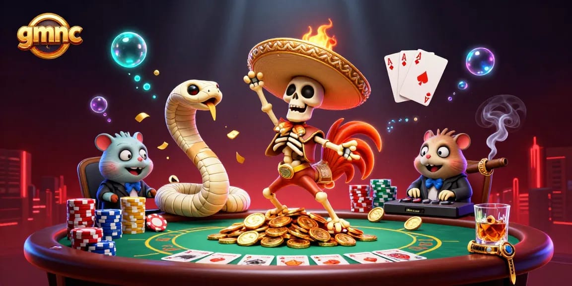 gmnc characters celebrate wins with coins and poker elements in a vibrant 3D casino scene