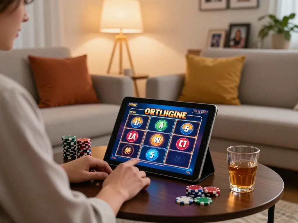 Engaging in online gaming at 888new casino with a tablet, showcasing a cozy home atmosphere.