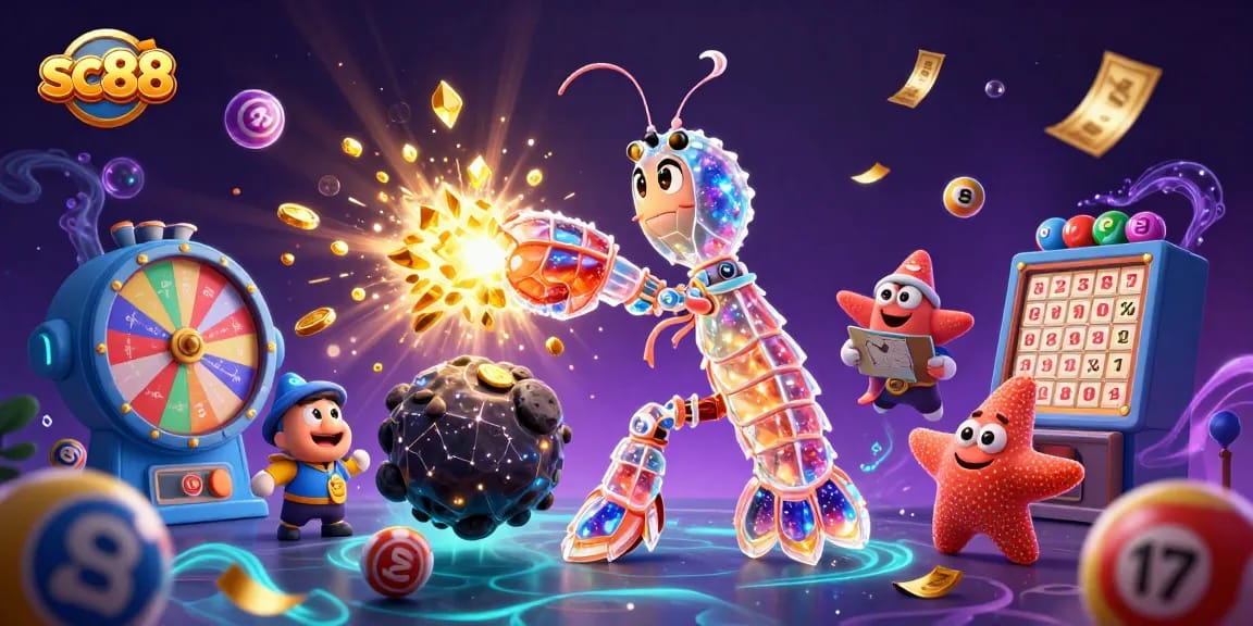 Experience sc88's vibrant lottery excitement with galactic characters in a dynamic, colorful scene.