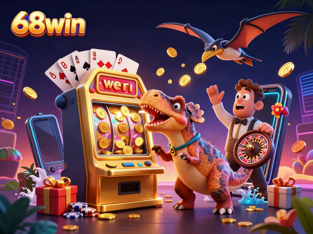 Experience the excitement of 68win with a 3D cartoon pachycephalosaurus and dynamic casino elements.