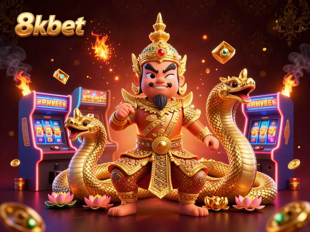 Play slots with 8xbet's friendly guardian and Naga companions amidst vibrant casino elements.