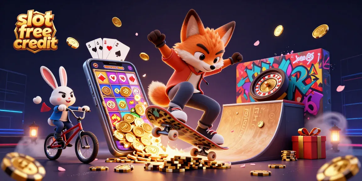 Experience gaming excitement with slot free credit as a fox skater performs tricks over poker chips in a vibrant casino scene.