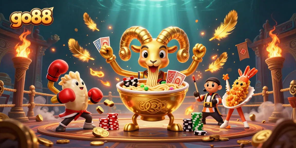 Experience the excitement of go88 with vibrant 3D characters dealing cards and stacking chips in a lively casino scene.