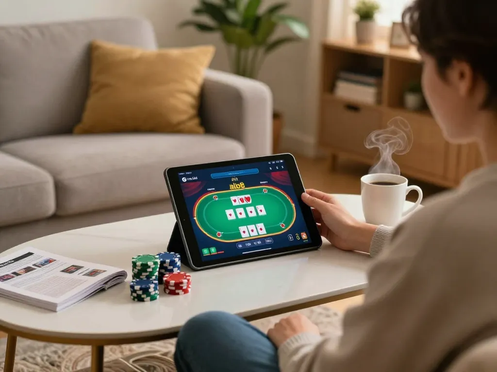 Engaging online gaming scene showcasing link vào alo8 on tablet in cozy home environment.