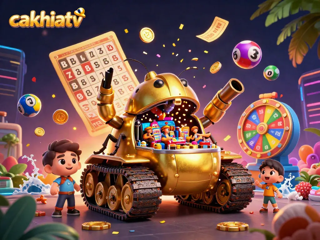 Engage with cakhiatv tv as golden casino treasures burst into action amidst vibrant lottery balls and colorful prizes.
