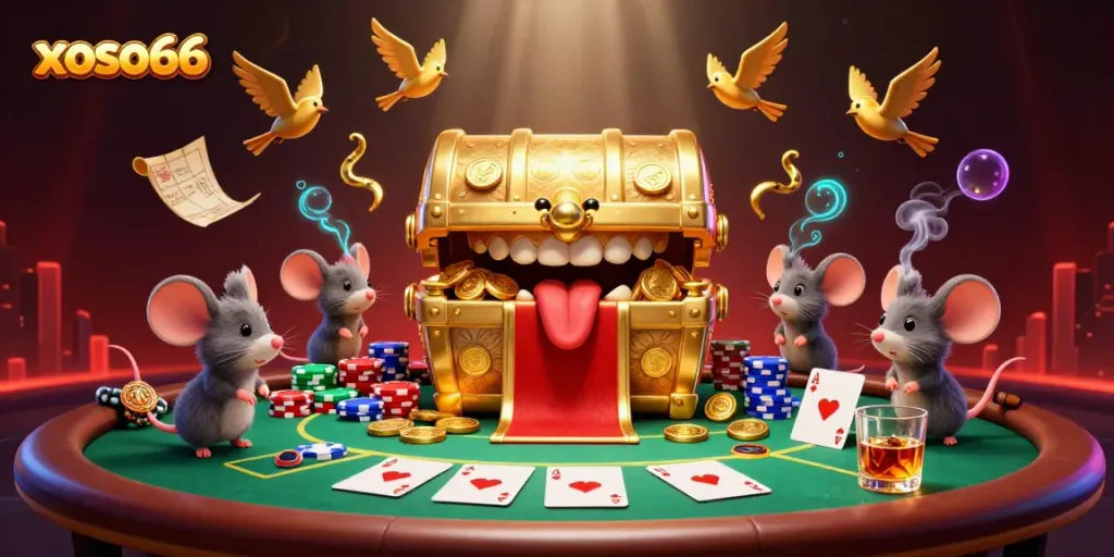 Engage with xoso66's thrilling lottery scene filled with treasures and poker elements!