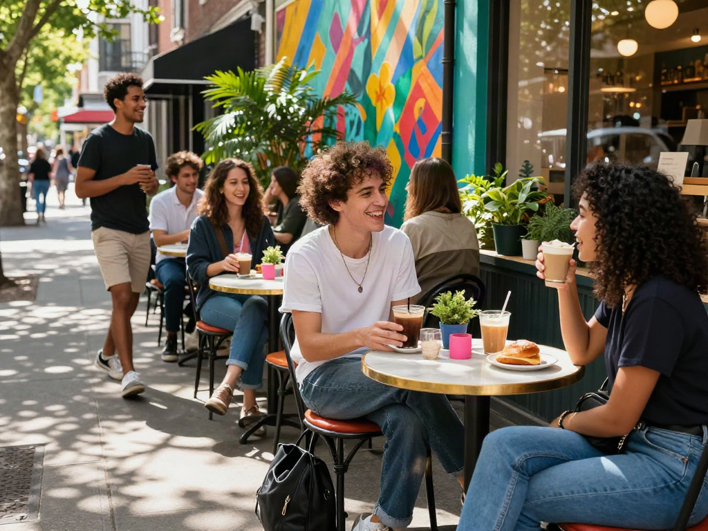 Young adults enjoying coffee and pastries at rokok88 café, vibrant outdoor street scene