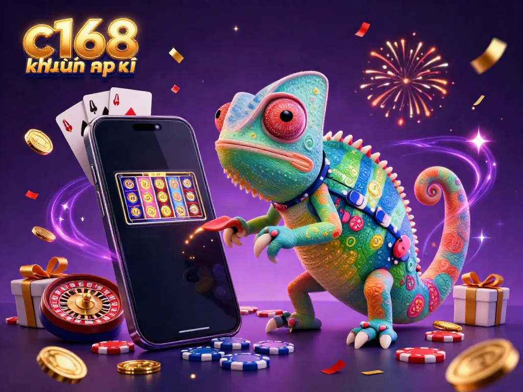 C168 khuyến mãi highlights a colorful 3D casino scene featuring a chameleon owner, vibrant games, and golden coins.