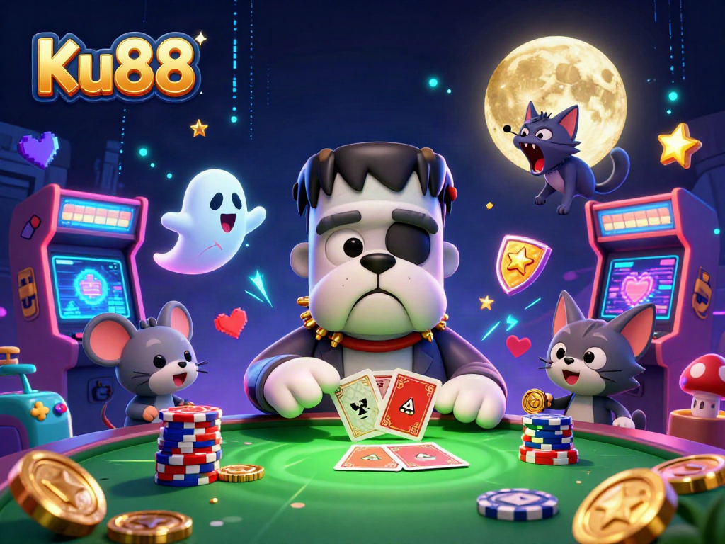 Ku88 players bet at a spooky casino table featuring a Frankenstein bulldog dealer and a ghost mouse.
