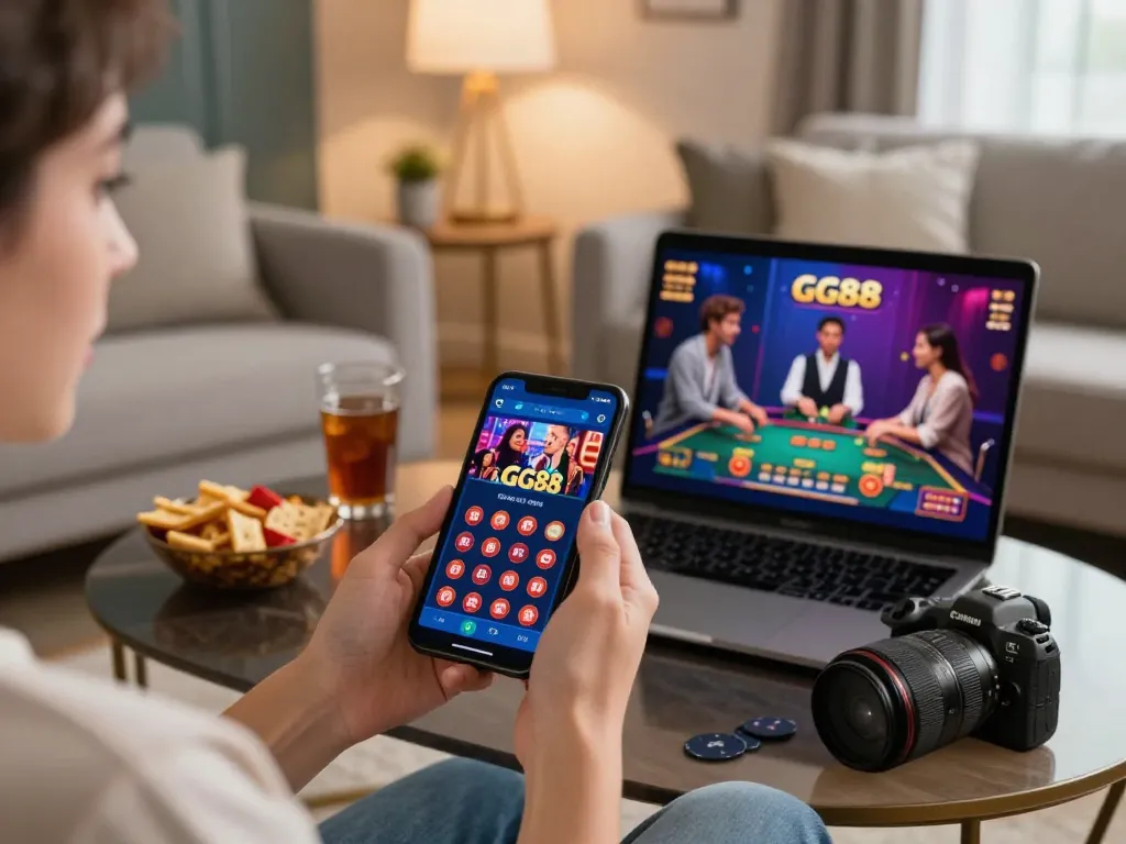Engage in an exciting GG88 gaming experience on a smartphone in a cozy living room.