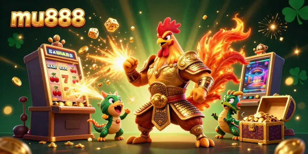 Experience thrilling gaming with mu888's vibrant jackpot scene featuring dynamic characters and sparkling casino elements.