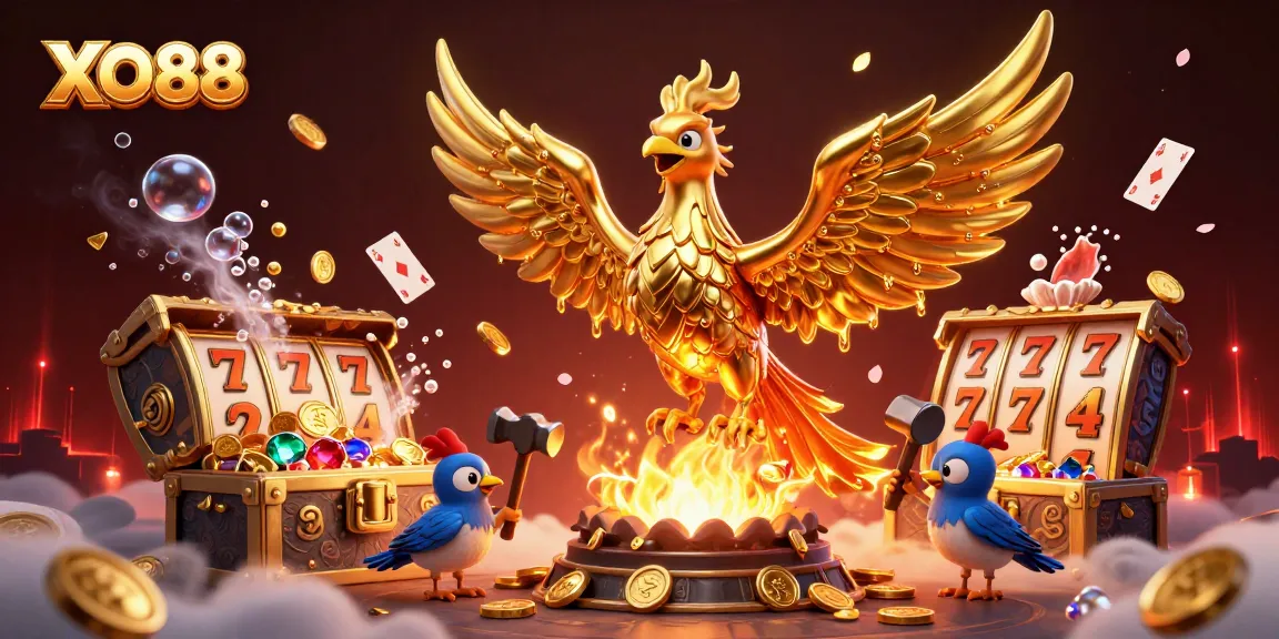 Experience exhilarating gameplay with XO88 featuring a molten metal phoenix transforming into gold coins.