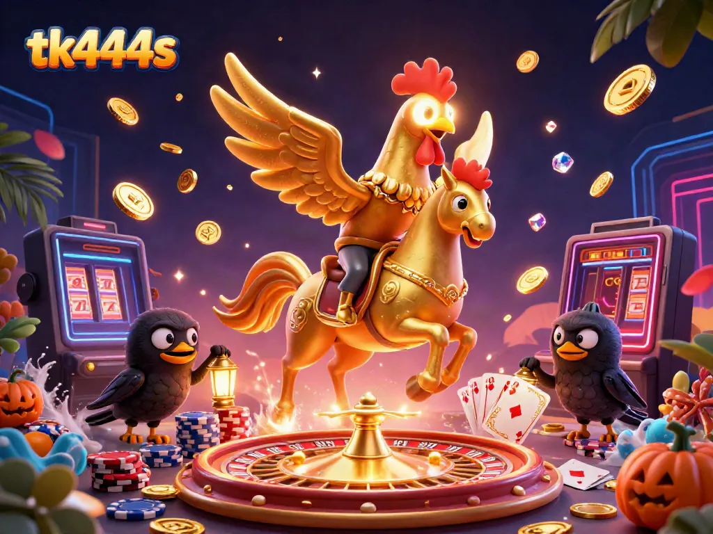 Experience thrilling gameplay with tk444s, featuring a golden rooster in a vibrant casino scene.