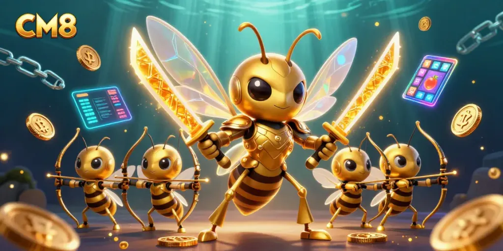 Experience the thrilling CM8 casino world with engaging slot reels and dynamic crypto elements.