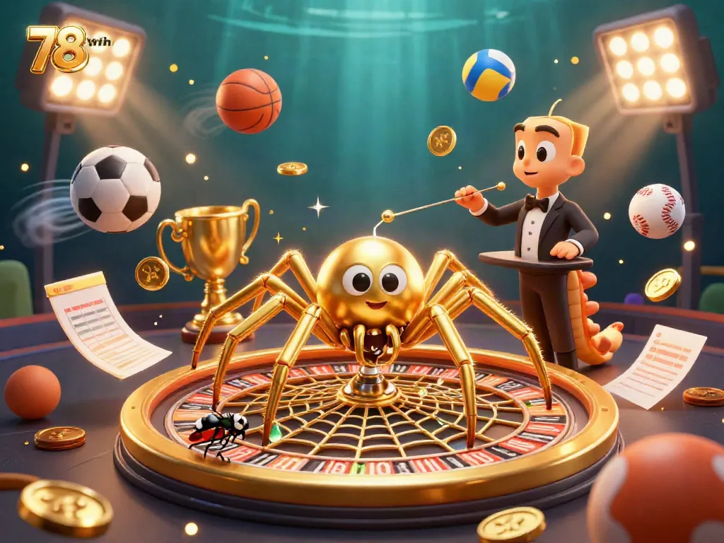 Engage in thrilling bets with 78win as a golden spider spins a roulette wheel web in this 3D illustration.