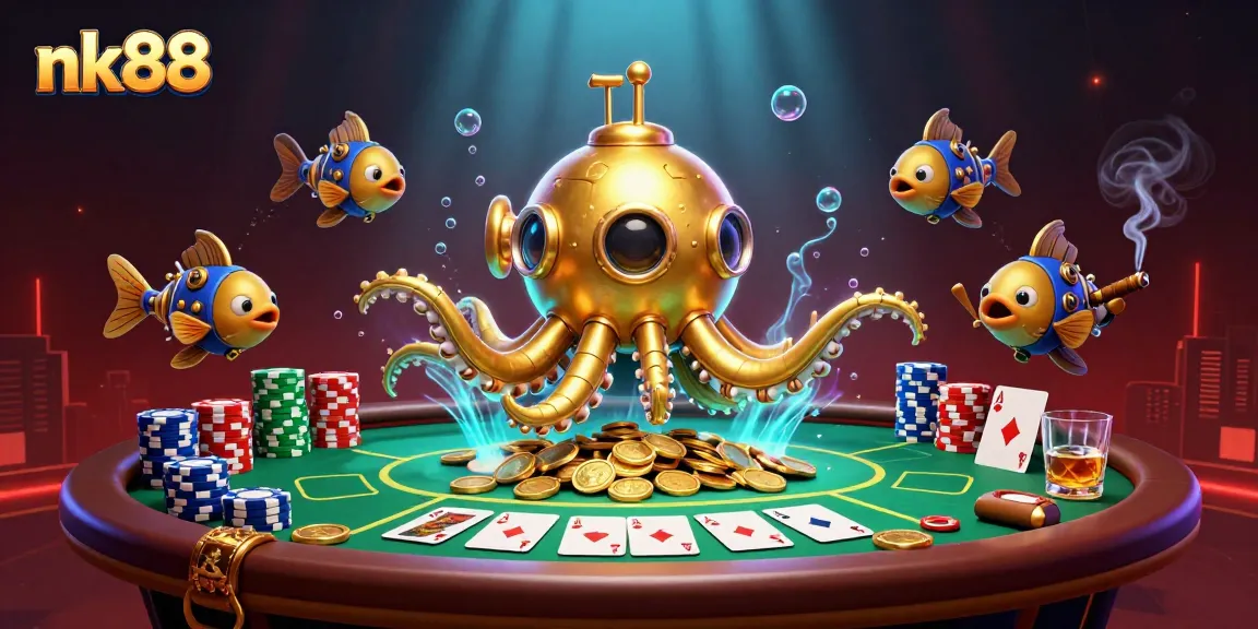 Experience thrill at nk88 with golden kraken and poker action in a vibrant casino scene