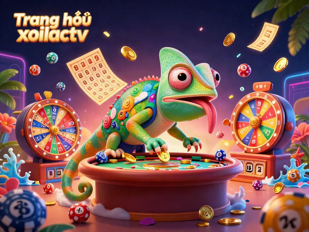 Engaging scene illustrating Trang chủ xoilactv’s vibrant casino environment with a colorful chameleon and dynamic gaming elements