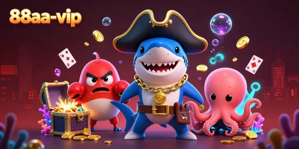 Experience the thrill of 88aa-vip with pirate characters surrounded by treasure in this vibrant scene.