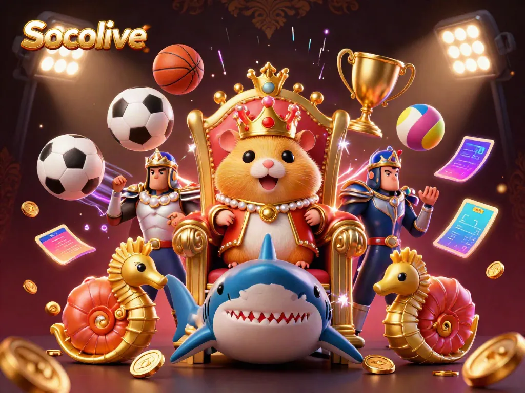 Socolive delivers dynamic sports action amidst a golden hamster king on a megalodon throne, enhanced with vibrant gambling elements.