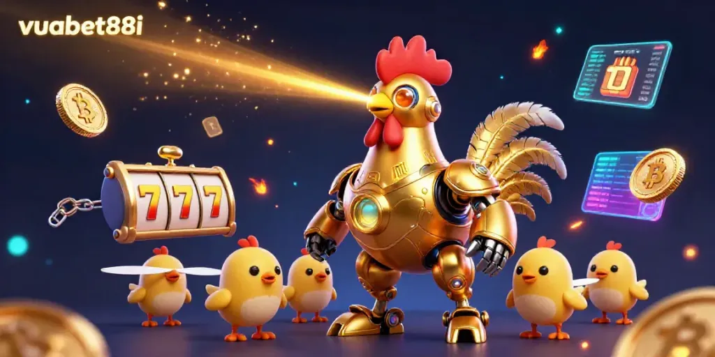Experience the thrilling action of vuabet88i with a golden rooster robot in a vibrant casino scene.
