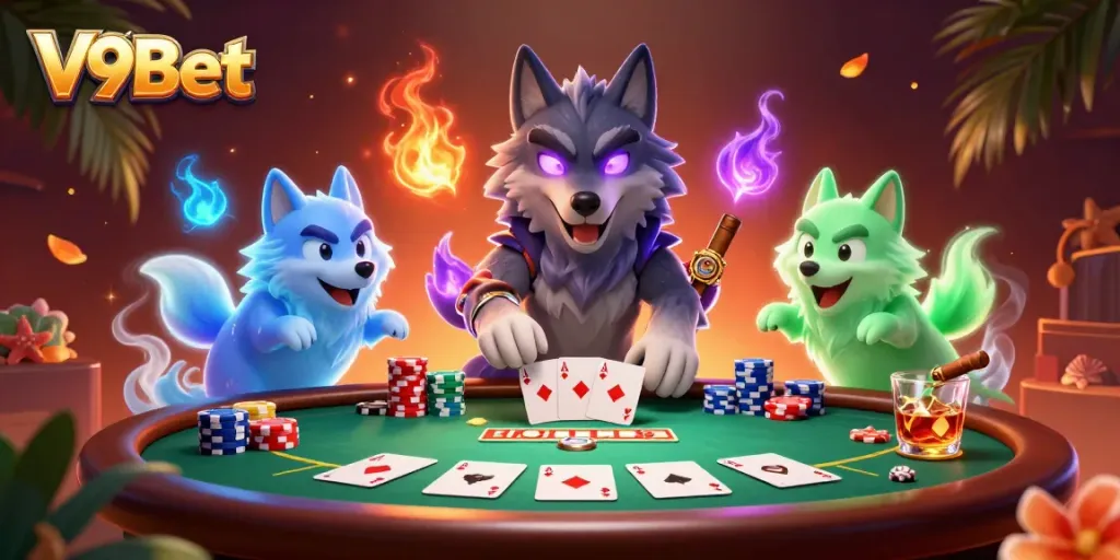 Experience thrilling gameplay at V9Bet with an engaging casino scene featuring dynamic poker elements.