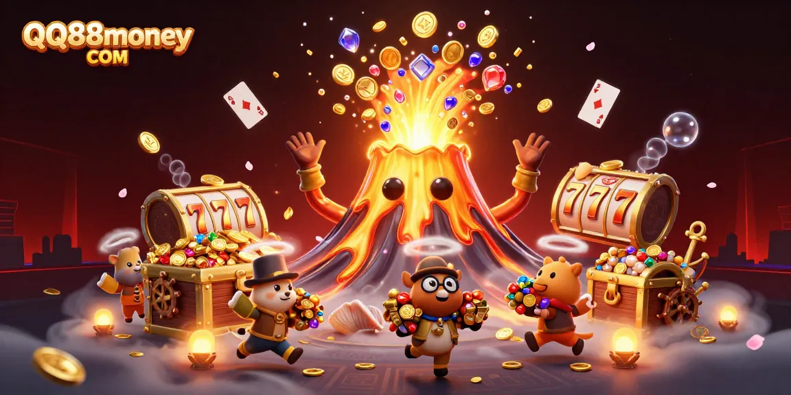 Engage with QQ88money COM's vibrant online casino scene featuring golden treasures and animated excitement.