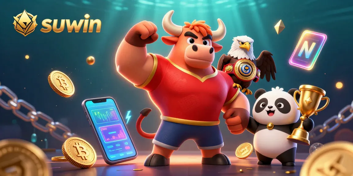 Experience suwin with a vibrant illustration featuring casino characters and neon crypto elements.