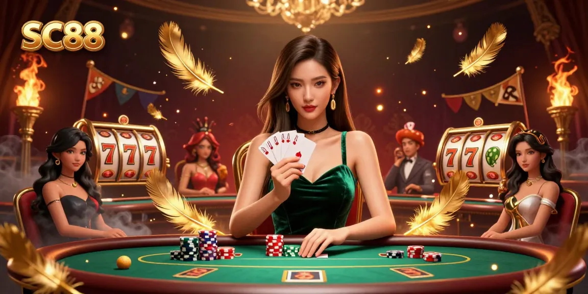SC88 casino scene showcasing a focused Asian woman at a poker table with cards in hand, surrounded by vibrant elements.