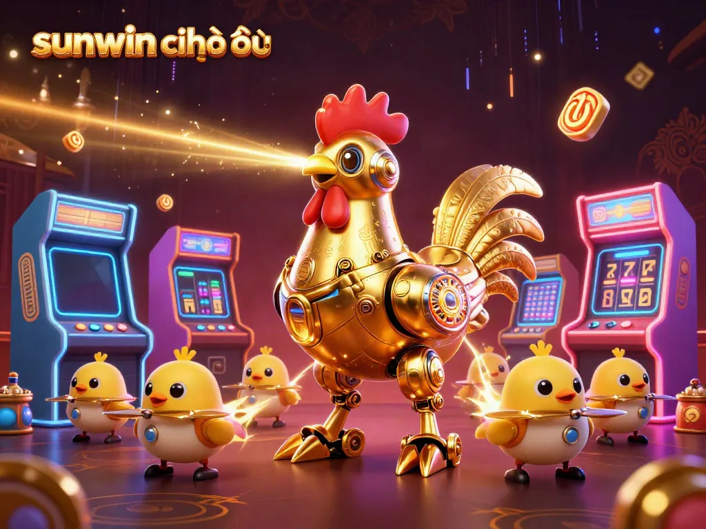 Engage with sunwin chính thức through dynamic gaming experiences featuring a golden rooster robot and arcade elements.