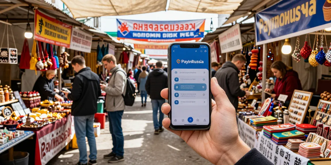 Pengembara menggunakan aplikasi https://payinrussia.com/ di pasar tempatan yang meriah di Rusia.