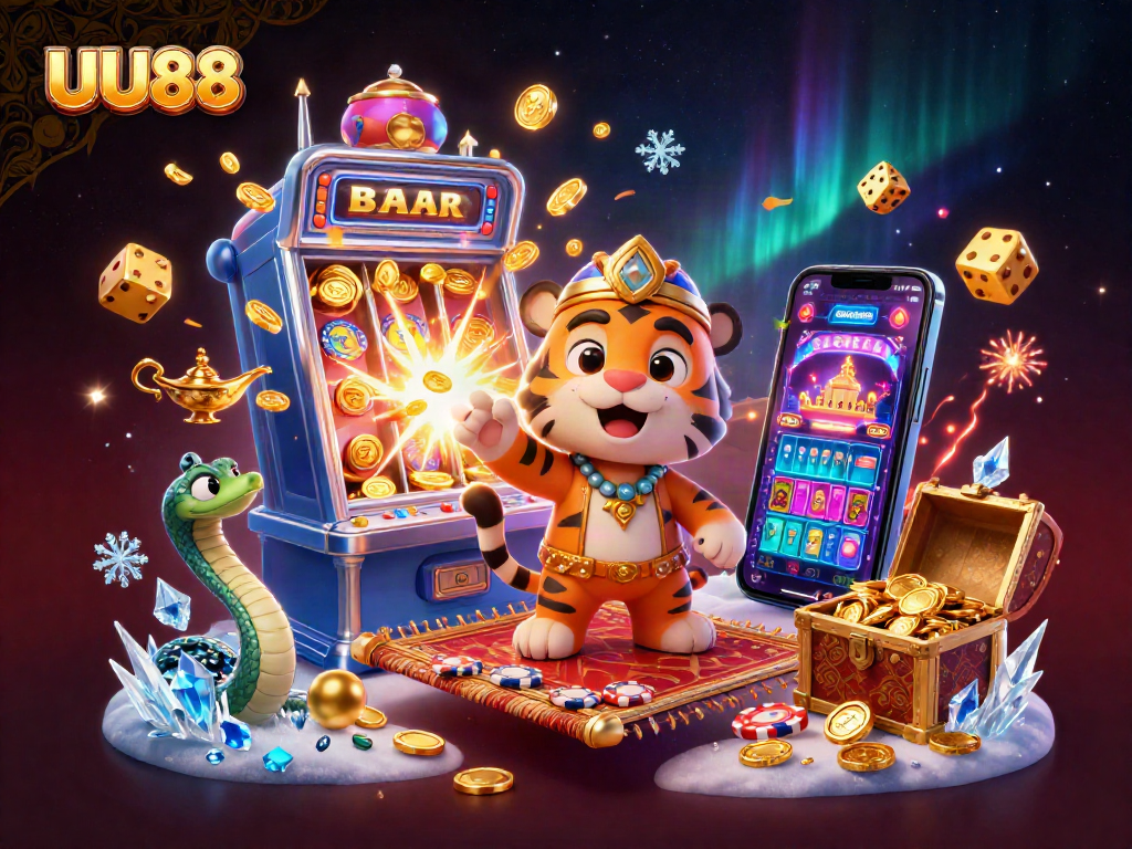 Experience the excitement of UU88 with vibrant casino visuals including jackpots and gold treasures in this illustration.