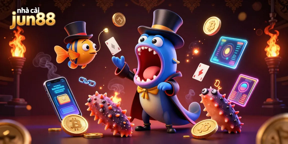 nhà cái jun88 showcases thrilling card tricks by a bioluminescent eel with magical casino elements.