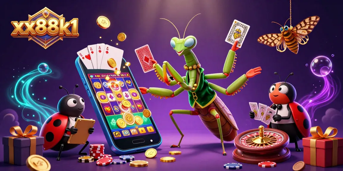Enhance your gameplay with xx88k1 as a giant mantis card sharp manages a vibrant casino scene.