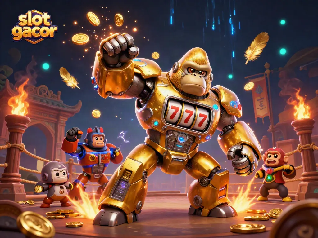 Permainan slot gacor dengan gorila mecha dan simbol jackpot dalam pertarungan epik.