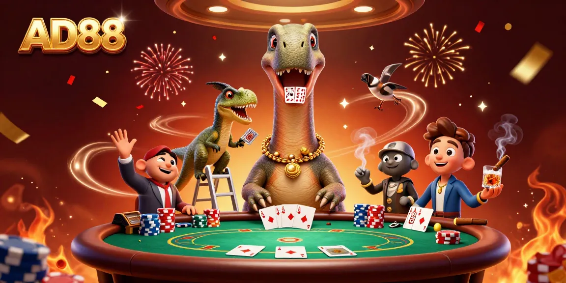 Experience thrilling poker action with AD88 as a dinosaur overlooks the game in a vibrant casino scene.