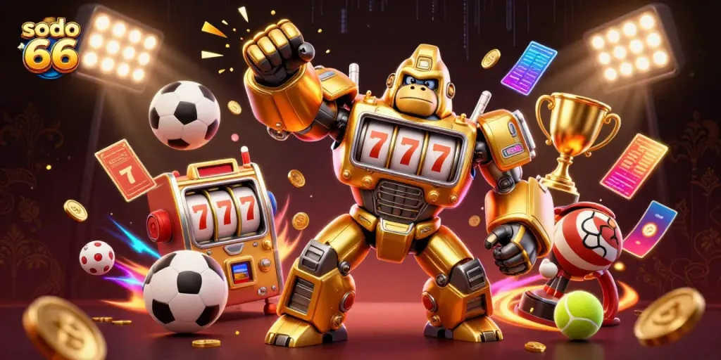 Sodo 66 transforms the gaming experience with a dynamic 3D illustration of a golden gorilla mech and lively sports elements.